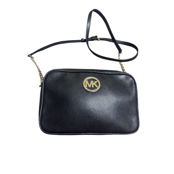 NWT Authentic MICHAEL KORS FULTON Large East West Leather Crossbody Black/Gold - Picture 1 of 8